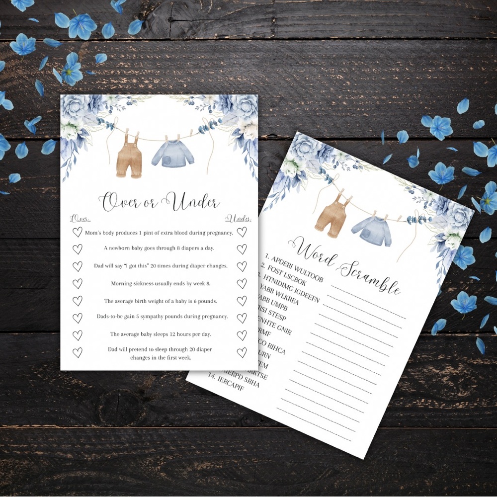 Baby Shower Game Set - Blue - Word Scramble - Newborn - Pack of 20 - Baby Boy
